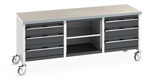 Bott Cubio Mobile Storage Workbench 2000mm wide x 750mm Deep x 840mm high supplied with a Linoleum worktop (particle board core with grey linoleum surface and plastic edgebanding), 6 x drawers (2 x 200mm & 4 x 150mm high and 1 x open mid section... 2000mm Width Mobile Industrial Storage Bench with cupboards & Drawers